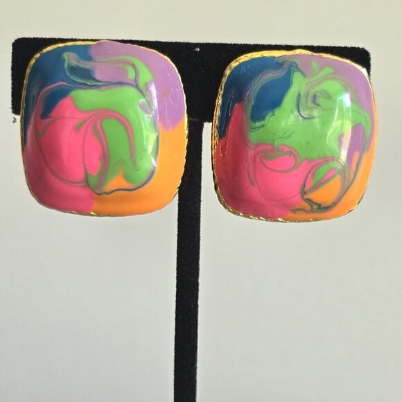 Vintage Earrings Orange Green Art Deco Gold Pink Mid Century  MCM 80 Clip On - Picture 2 of 7